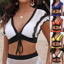 Women's Swimwear Plus Size Women Tops Contrast Colour Stitching Deep V Woven Top Bikini Beach Cropped Swimsuit 2024 Trend