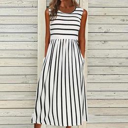 Casual Dresses 2024 Sleeveless Women's Summer Dress Fashion Striped Print Tank Long Simple Pockets Loose A Line Midi