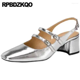 Dress Shoes Chunky Medium Heel Retro Pumps Strap Mary Jane Real Leather Belts Cow Closed Toe Slingback Square Metallic Women Sandals