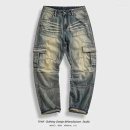 Men's Jeans High Street Fashion Vintage Distressed Washed Denim Straight Long For Men Multi Pockets Workwear Pants 24SS Y2k Youth Male