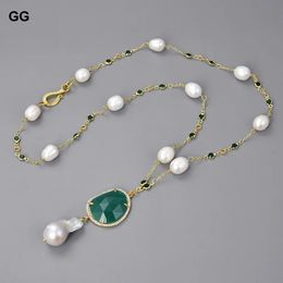 GuaiGuai Jewellery 26 White Rice Pearl Green Jades Crystal Chain Necklace Keshi Pearl Pendant 240518