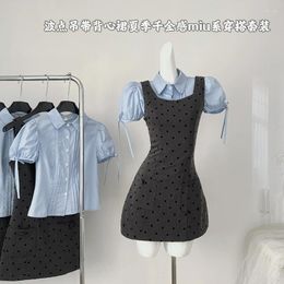 Work Dresses Y2K Women Fashion Two Pieces Sets Sweet Loose Shirts Vintage Suspender Skirt Casual Commuting Suits 2024