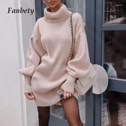 Casual Dresses Ladies Daily Slim Pullover Dress 2024 Fashion Lantern Long Sleeve Solid Color Mini Autumn Turtleneck Knitted Sweater