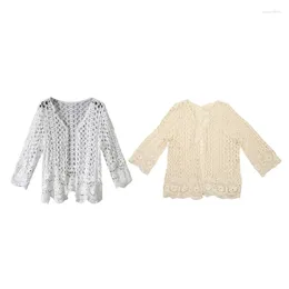 Women's Knits Women Long Sleeve Cardigan Hollow Out Crochet Knit Floral Sweater Cover Up Open Front Scalloped Mesh Beach Shrug Coat F3MD