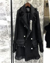 Black tweed Jackets women039s jacket twocolor pearl buckle fringed side small fragrance in the long coat6665997