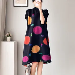 Casual Dresses Colourful Dot Print Miyake Pleated Dress Spring Style Light Luxury Temperament Loose Large Size Medium Length Skirt