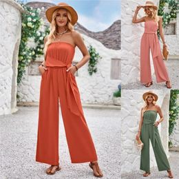 Beach Bath Exits Women Female Dress Outfits Summer Leisure Solid Colour Strap High Waist Slim Fit Jumpsuit Polyester Robe