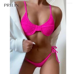 Women's Swimwear PRILIN Neon Women Swimsuit Bikini Girl Underwire Lace Up Bathing Suit Push Bather Beach Solid