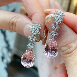 Korea Jewellery Pink Morganite Diamond Water Drop Earrings Female Elegant Long Pendant Earring Trendy Dangler Fine Gift 240520