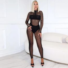 Sexy Hollow Fish Net Two Piece Jogging Set Womens Dress 2024 Fashion Black and White Cut Top and Long Legged Pants Matching Set 240509