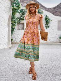 Casual Dresses Floral Summer Dress For Women Fashion Boho V-neck Print Womens Flying Sleeve High Waist Long Lady Vestidos