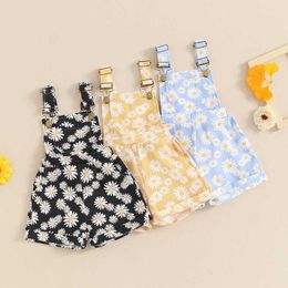 Jumpsuits FOCUSNORM 0-6Y Summer Little Girl Full body Shorts Casual Sunflower Print Sleeveless Shoulder Button Pocket jumpsuit Y240520SH7Y