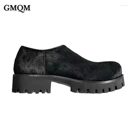 Dress Shoes GMQM Fashion Women's Loafers Thick Sole Casual Horse Hair Leather Platform Slip-On Chunky Heels Unisex