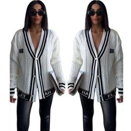 New women's cardigan V-neck embroidery sweaters brand Designer black white color matching slim cardigans Twists sweater coat lady jumpers