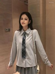Women's Blouses Jmprs Harajuku Grey Jk Tie Shirt Women Preppy Style Long Sleeve Blouse Casual Vintage Japan Simple Female Loose Retro Tops