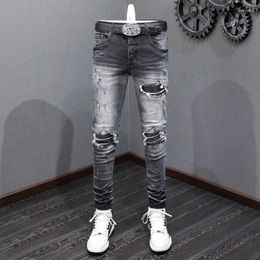 Men's Jeans Street Fashion Men Retro Black Gray Stretch Skinny Fit Ripped Leather Patched Designer Hip Hop Brand Pants Homme