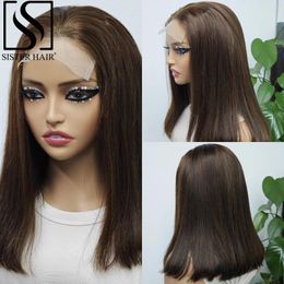 200% Density Chocolate Brown Short Straight Human Hair Bob Wig Virgin Transparent Lace Closure Wigs Brazilian Remy