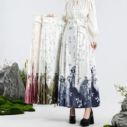 Skirts Spring Summ Chinese Style One Piece Lace Up Half Maxi Skirt Summer High Waist Floral Pleats For Women Hanfu