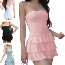 Casual Dresses B36D Womens Sexy Bare Shoulder Sleeveless Backless Tiered Ruffle A Line Short Dress