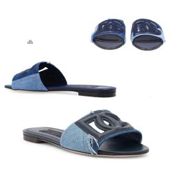 Women Designer Sandal Slipper -Patch Collage Denim Slippers Open Toe Flat Blue Denims Mules Flats Slide Slip On Eu35-43 With Box 5F