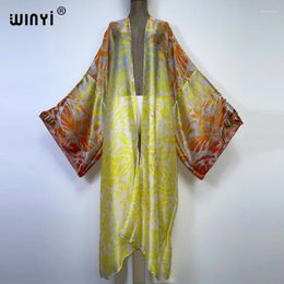 Africa WINYI Silk Feeling Sexy Unique Printing Beach Wear Swim Suit Cover Coat Elegant Women Boho Holiday Long Sleeve Kimono