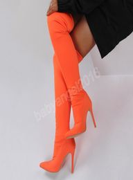Stretch Thigh Boots Suede Orange Stiletto High Heel Over The Knee Women Boots Plus Size Fashion Autumn Winter Shoes1844242