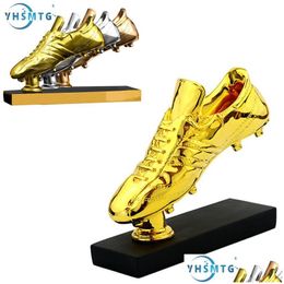 Decorative Objects Figurines Resin Charms Football Match Soccer Golden Boot Award Fans Souvenir Gold Plating Shoe Trophy Gift Home Dhseb