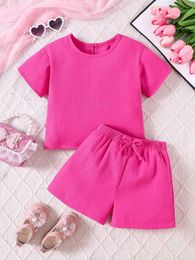 Clothing Sets Girls Summer New Home Leisure Sports Set Rose Red Waffle Two Piece Set 2-6 Years Old Y240520MRWL