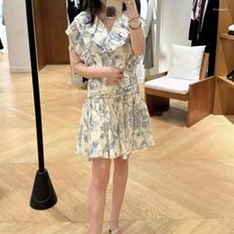 Work Dresses Ink Painting Printing Set Women Pleated A-line High Waist Mini Skirt Or Ruffles Flying Sleeve Double Breasted Shirt Lady Suit