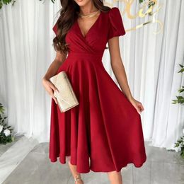 Casual Dresses Elegant Summer Dress Women Short Sleeve Waist Tunic Knee-Length Ladies Red Sexy V-Neck Robe Femmes