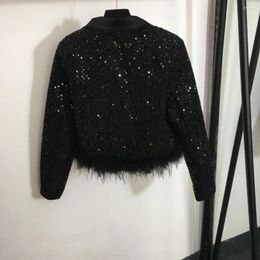 Women's Jackets Sequin Tweed Short Coat Fleece Edge Black Top Celebrity Temperament Autumn And Winter 8869