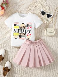 Kleidungssets Sommer lässige Mädchen weißer runder Nackenstiftdruck kurzärmelig T-Shirt Elastic Taille Pink Falten-Rock Alltagsstil Anzug Y240520RQBJ