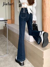 Women's Jeans Dark Blue Flare Woman Autumn High Waist Slim Straight Women's Denim Pants Korean Ins Fashion Buttons S-XL