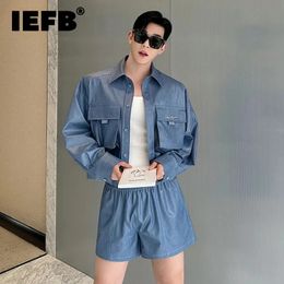 IEFB Summer Mens Twopiece Suit Three Dimensional Pocket Shirt Shorts Set Lapel Long Sleeve Top Elastic Wasit 9C5463 240517