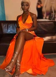 Party Dresses Orange Sexy Split Long Prom V Neck A Line Ruched Backless African Formal Evening Gowns Vestido De Fiesta Noche