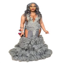 Gray Prom Dresses 2024 For Black Girls Diamond Aso Ebi African Mermaid Luxury Beaded Ruffles Evening Dress Birthday Party Formal Dress Vestios De Fiesta Custom Made