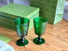 Designer's French style tropical rainforest relief retro high legged glass, jade high legged red wine glass, juice green glass gift box, 2 pieces