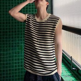 Mens Striped Casual Sleeveless Knitted Vest Summer Streetwear Loose Sexy Simple Retro Personalised Tank Top Unisex 240520