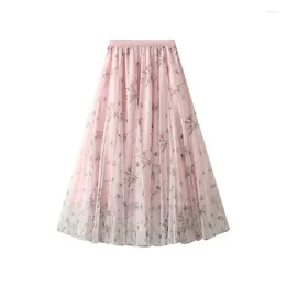Skirts Floral Print Sweet Long Skirt Women 2024 Spring Summer High Waist A-Line Pleated Korean Fashion Casual Tulle