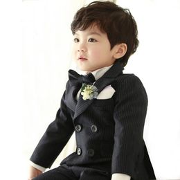 Baby 9 Month -7 Year Formal Stripe Suit Set Boys Wedding Party Host Pography Costume Kids Blazer Vest Pants Bow tie Clothes 240520