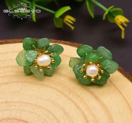 GLSEEVO Natural Jade Pearl Stud Earrings For Women Mom Birthday Day Gift 925 Sterling Silver Flower Earring Fine Jewellery GE0780 213240997