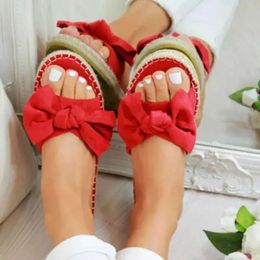 Women 2024 Slippers Terlik Woman Slip On Sandals Bow Flat Linen Summer Sliders Espadril e42