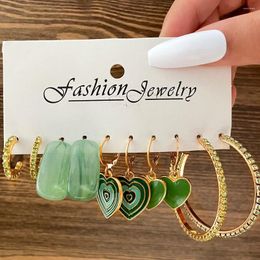 Hoop Earrings Vintage Gold Colour Green Enamel Heart Resin Acrylic Set For Women Crystal Rhinestone Dangle Earring Jewellery