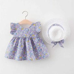 Girl's Dresses New clothes for girls aged 0-3 summer 90% cotton dress with hat flower bow princess 73-100 childrens clothing baby flowers d240520