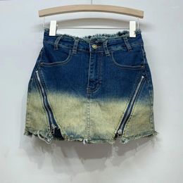 Skirts Women's Denim High Waist Zippers Spliced Wash Color Wide Leg A-line Mini Jean 2024 Summer Fashion