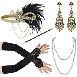Party Supplies 5pcs 1920 Makeup Ball Accessories Gatsby Feather Alloy Headband Pearl Necklace Long Smoke Rod Glove Set