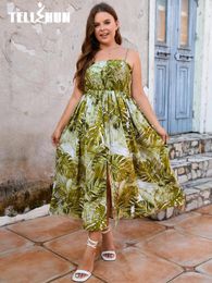 Casual Dresses Plant Printed Pleated Long Pretty Dress Women Chic Split Elegant Party One Piece Holiday Streetwear Plus Size