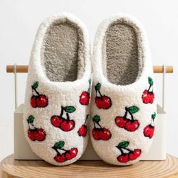 Slippers Cute Little Cherry Slider Womens Fluffy Cherry Fur Plush House Shoes Womens Bedroom Comfortable Home Smooth Slider NewL2405