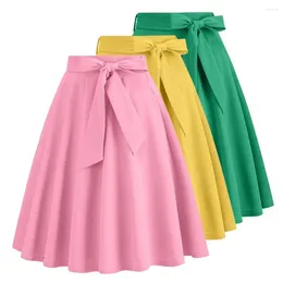 Skirts Summer Women's Mini Elastic Pleated Sun Solid Color High Waist Ruffle Flared Midi Skirt Bow Deocr Party