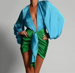 Fashion Lady Women Party Sets Two Pieces Deep V Neck Shirt Bodysuit Long Sleeves High Waist Irregular Mini Skirt Clubwear4665931